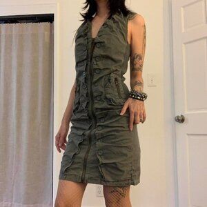 y2k olive green military inspired knee length dress
